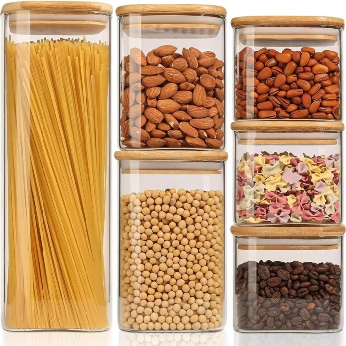 Food Storage Canister with Airtight Bamboo Lids 550/800/1100/2100ml Set of 6, Square Clear Glass Food Jar with Sealing Lid Kitchen Pantry Storage Container for Spaghetti Pasta Sugar Beans